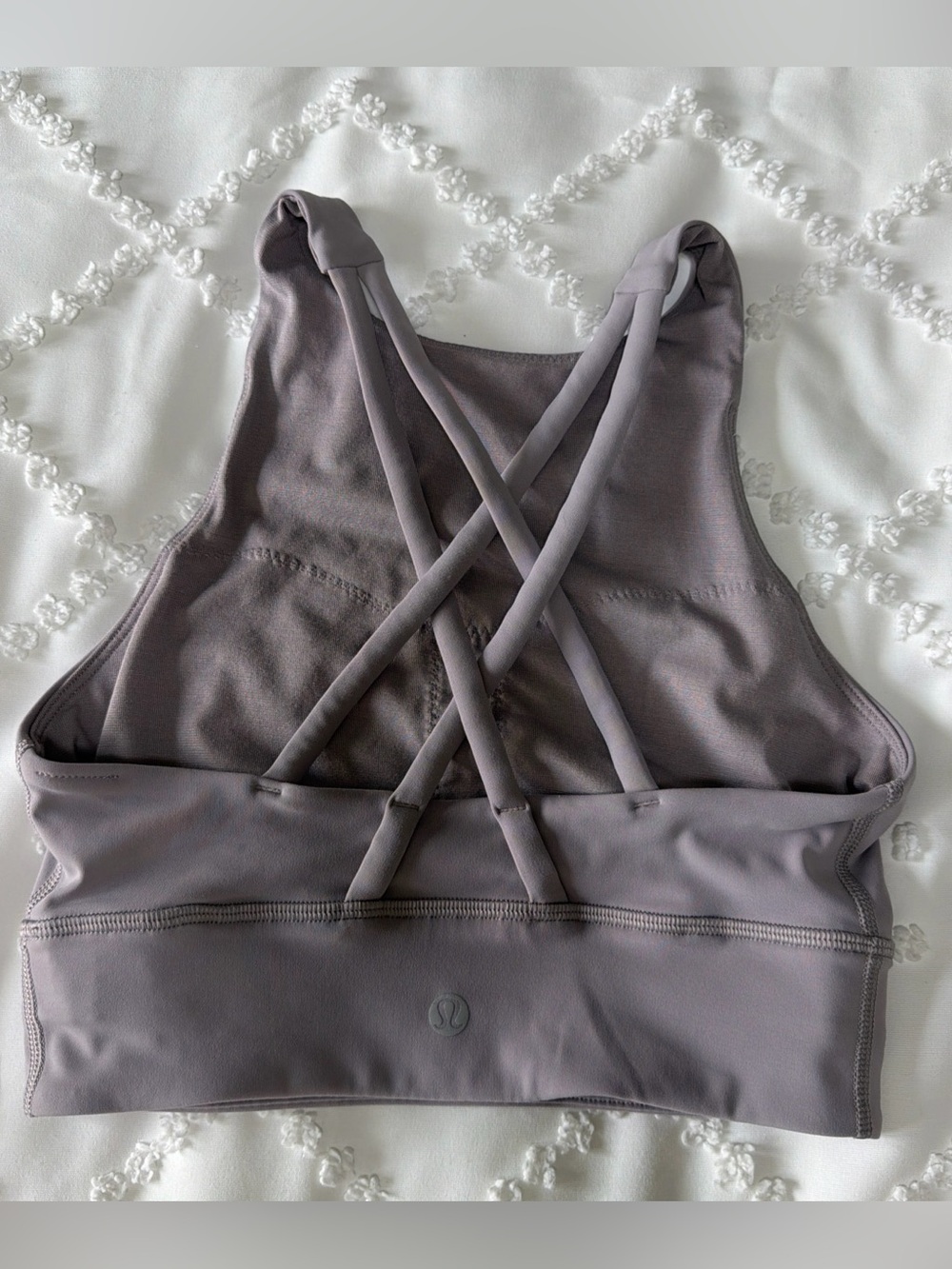 Lululemon Energy High Neck Longline Tough Sports Bra Gray/Lilac Criss Cross Back